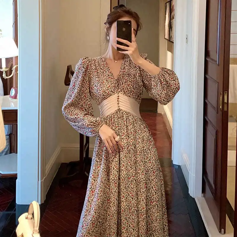 

2022 Women's Spring New Fashion Long Chiffon Dresses Female V-neck A-line Dress Ladies Long Sleeve Print Floral Vestidos U236