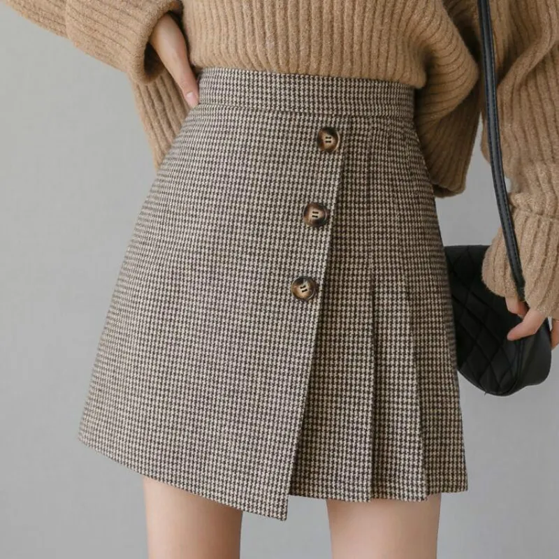 

Skirts Korean Preppy Style Plaid High Waist Pleated Mini Women 2022 New Autumn Winter Woolen Female Casual