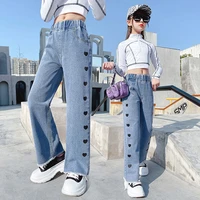 2021 spring autumn fashion new girls childrens clothing big kids korean style fashion love printed denim wide leg pants