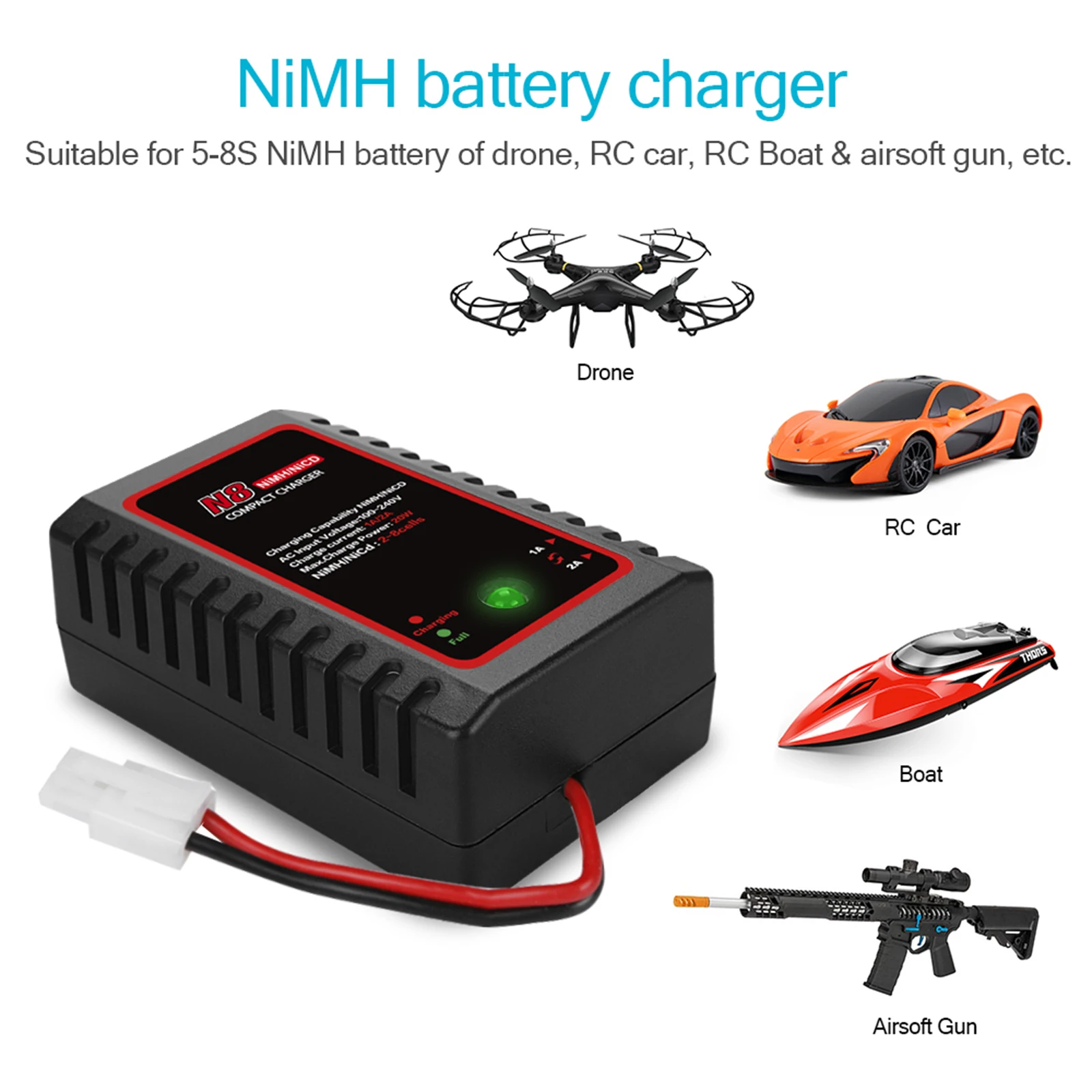 

Upgrade HTRC N8 110-240V 2A 20W AC 2-8S NiMH/NICD Compact Battery Charger for RC Car Drone Boat Model Accessories Black 2022