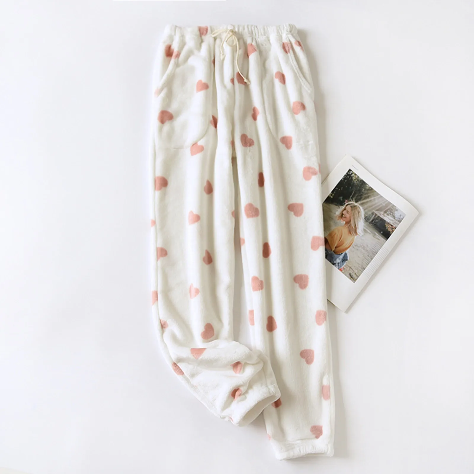Фланелевые пижамные штаны с принтом сердечек теплые флисовые Пижамные брюки