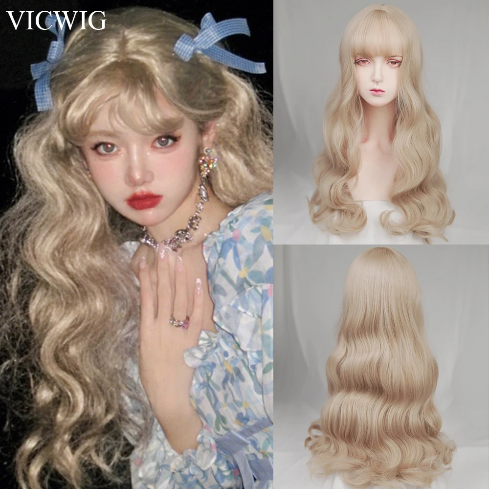 

VICWIG Long Wavy Curly Wig with Bangs Synthetic Women Blonde Lolita Cosplay Natural Hair Wig for Daily Party