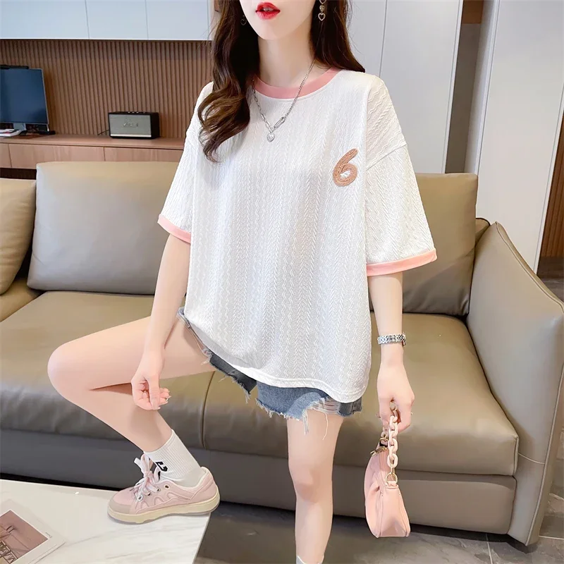 Контрастные футболки DAYIFUN с круглым вырезом женские цифровые жаккардовые