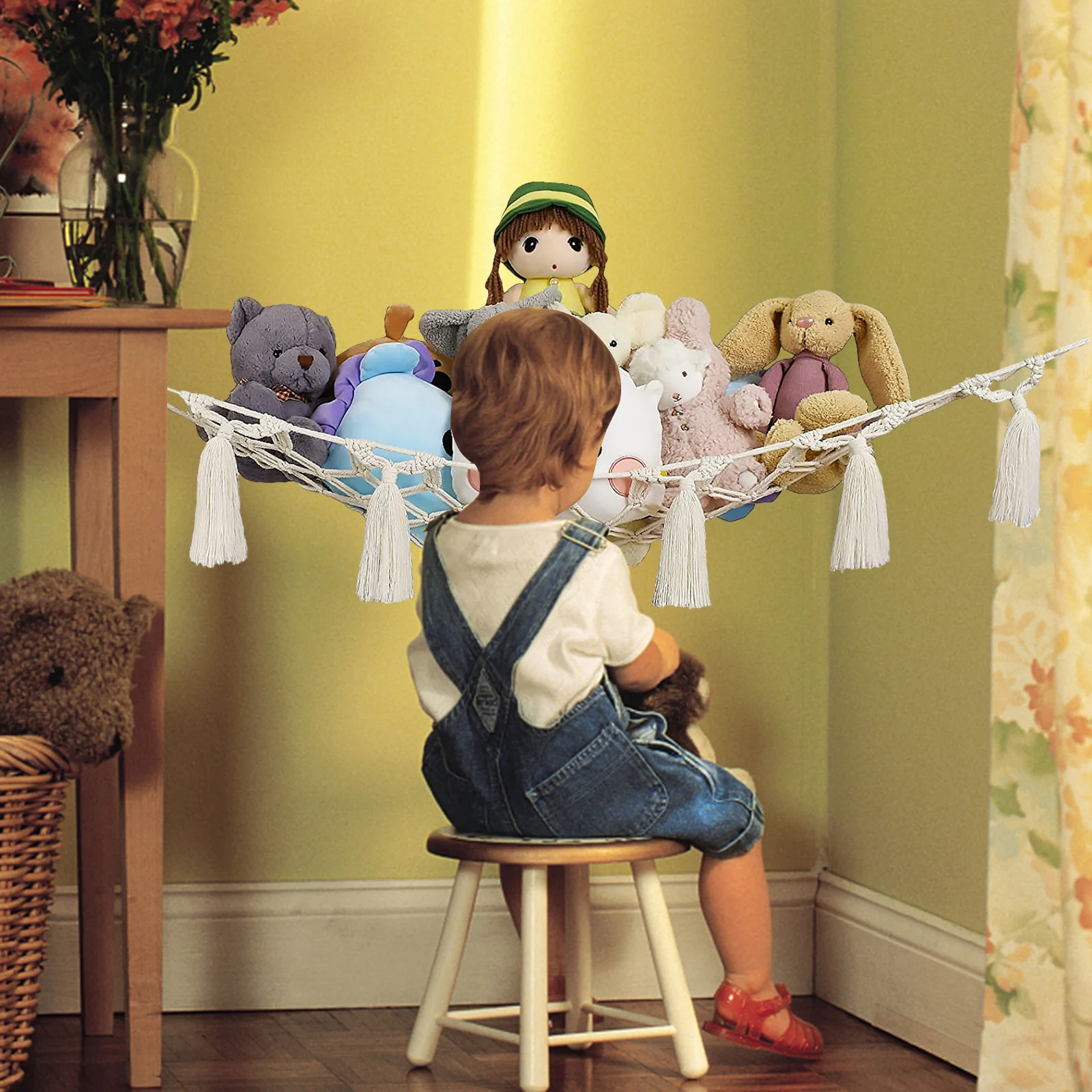 

Оформление оформления Макраме-мягкая сетка для хранения со светодиодной гирляндой, крючками и кисточками