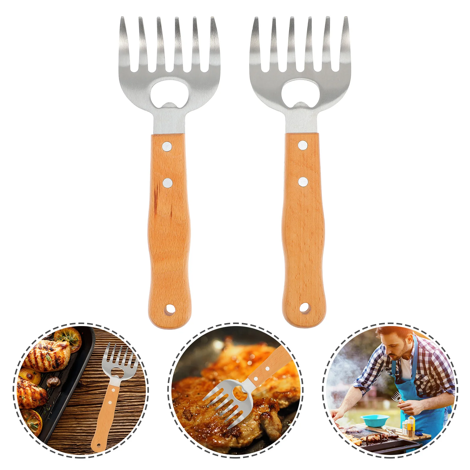 

2pcs Stainless Steel Meat Shredder with Long Wooden Handle Bear Claws for Shredding Meat