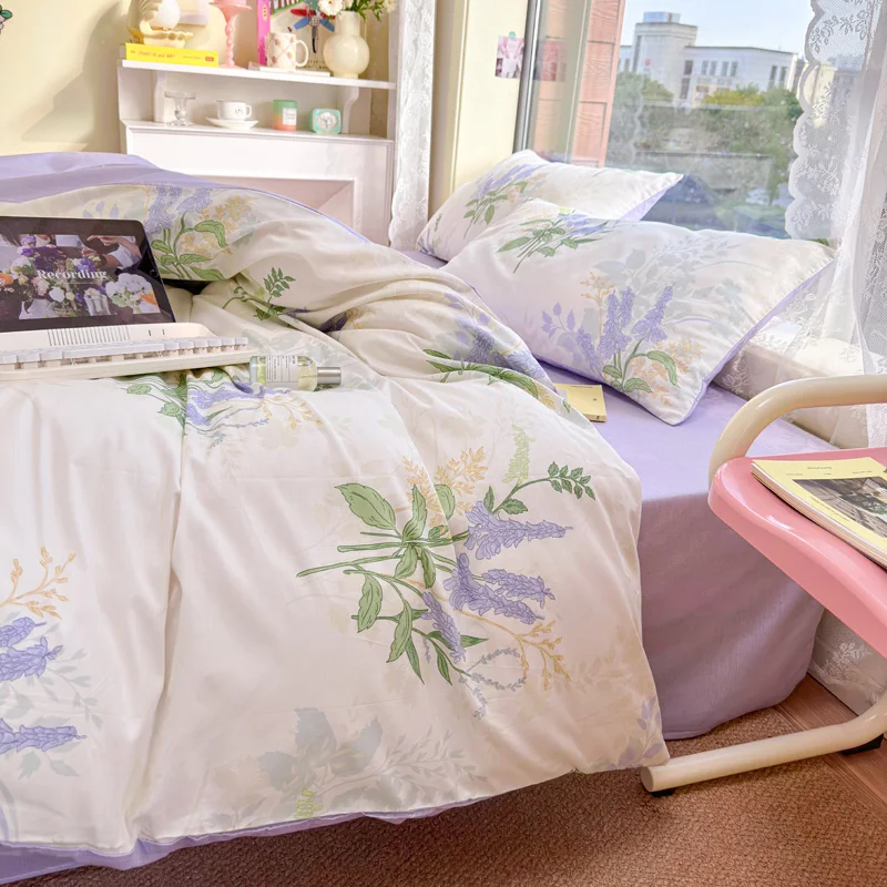 

Purple Lavender Pattern 100%Cotton Bedding Set Double-Sided Different Design Printed Duvet Cover With 2 Pillowcases Twin Full