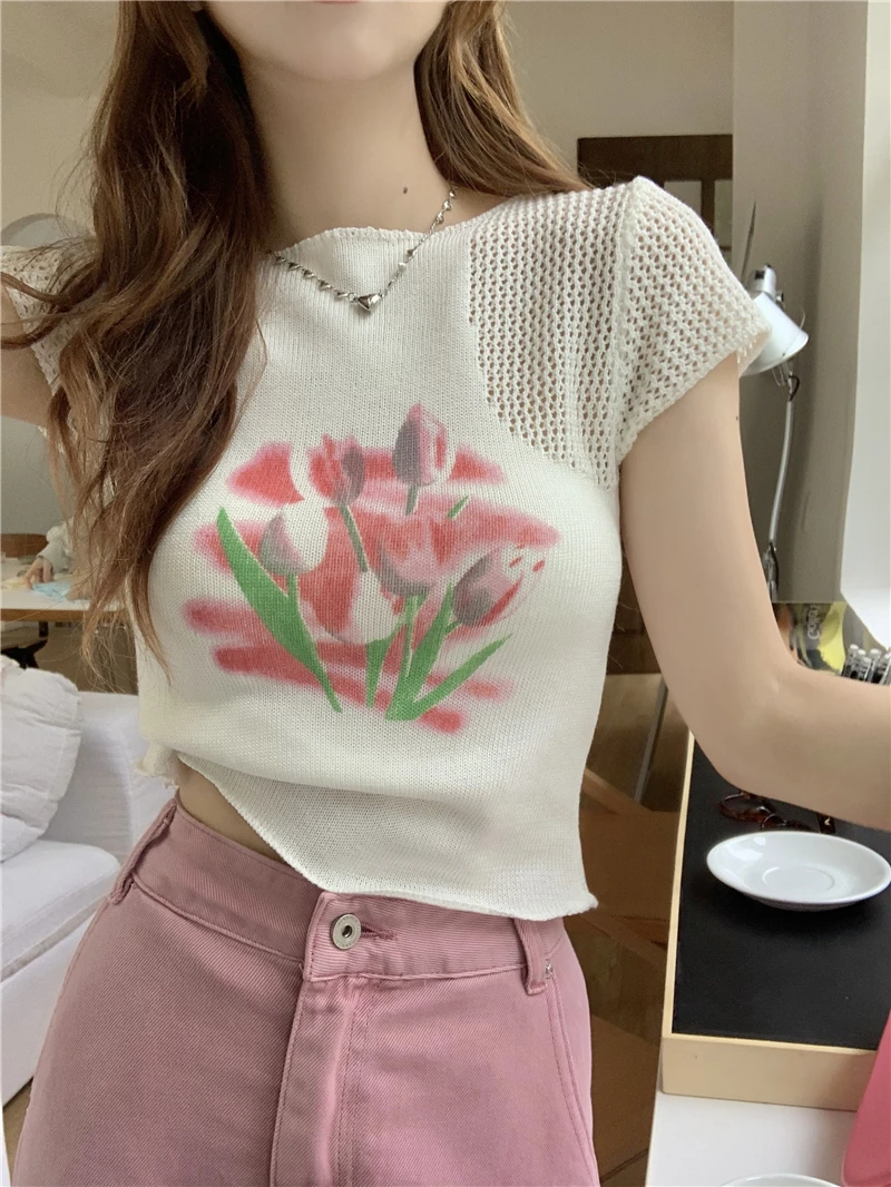 

White Jacquard Hollow Out Y2K Camisetas Floral Printknitted Tops Tshirts Summer Short Sleeve O-Neck Women Tees Slim Top