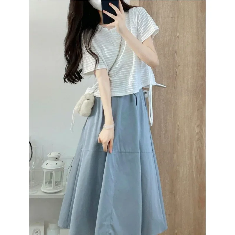 Юбка в стиле преппи с завышенной талией милая свободная облегающая топ полоску