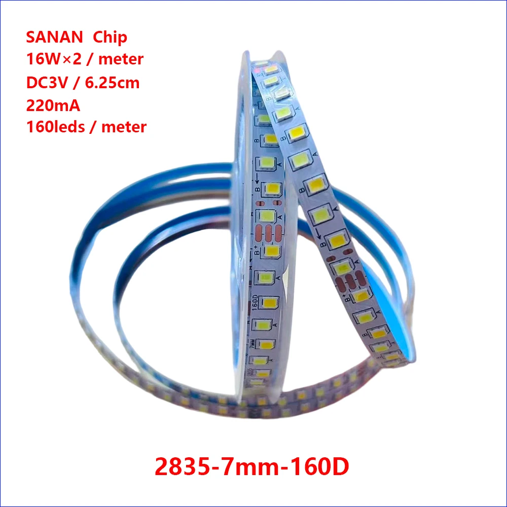 

(3 паяных соединения) 2835-7mm-160D SANAN Chip Highlight Светодиодная гибкая световая лента постоянного тока с 3 цветами, 160 светодиодов и 16 Вт × 2/м.