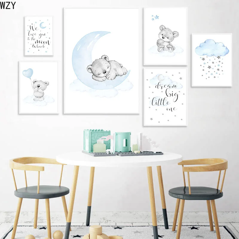 

Blue Bear Moon Nursery Canvas Painting Animal Poster Wall Art Print Nordic Baby Boy Bedroom Decoration Kid Decoration Picture