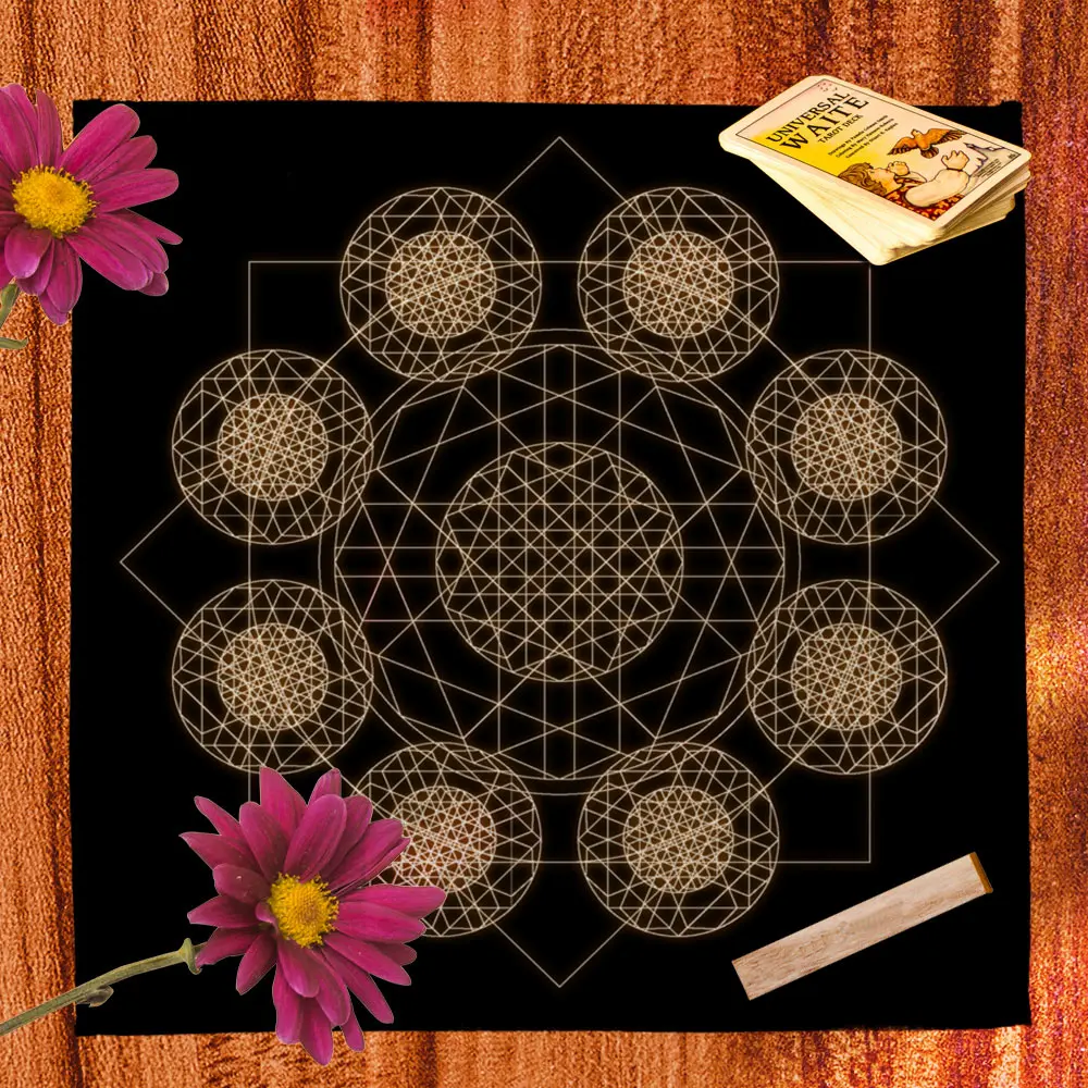

Rune Altar Cloth Spiritual Oracle Card Mat Pagan Wiccan Clock Pendulum Spacecraft Tarot Tablecloth on Black Background