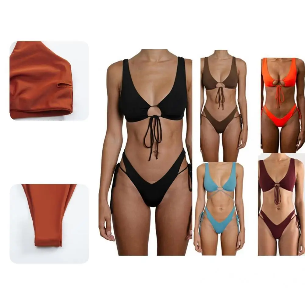 

2 Pcs/Set Great Women Swimsuit Comfortable Solid Color Bathing Suit Wear-resistant Summer Bikini Set