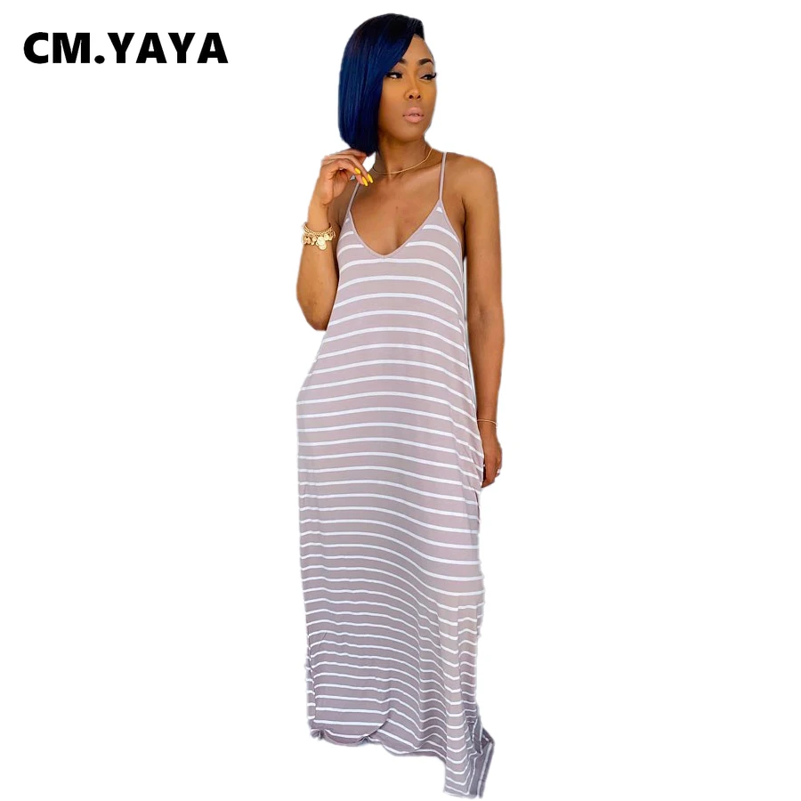 Женское длинное платье-футболка в полоску с V-образным вырезом и боковым карманом