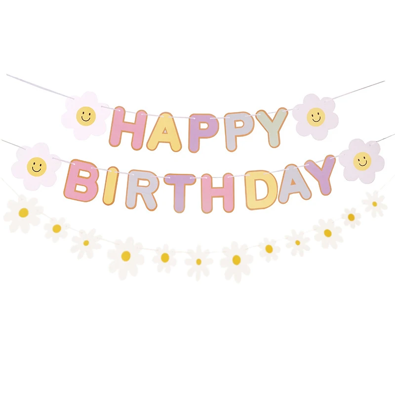 

Boho theme White Daisy Flower Garland Banner Children's Birthday Party Decoration Happy Birthday Pull Flag Hanging Baby Shower