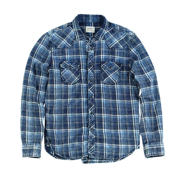

New2022 2022 Spring New Indigo Shirts Men Double check pockets Denim Plaid Shirts Vintage plus size high quality brand clothing