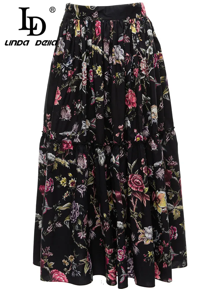 

LD LINDA DELLA 2023 Spring Summer Fashion Runway Skirts Women's High waist Balck Flower Printed Vintage Party Midi Skirts