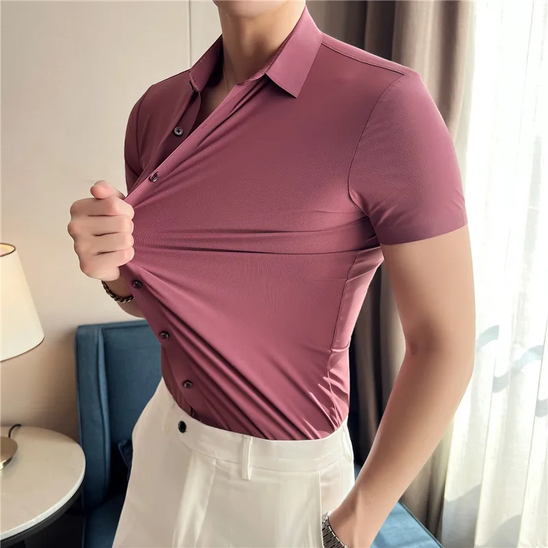 

Men Business Slim 2023 Summer Homme Casual For 4XL High Silk Quality Ice Elasticity Clothing Short Chemise Fit Sleeve Top Shirts