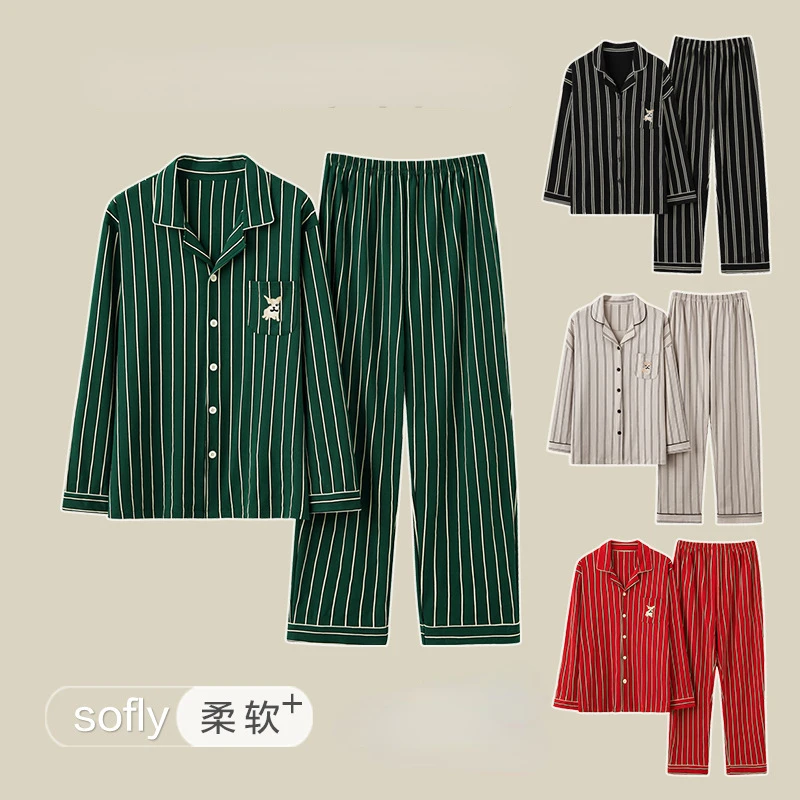 Spring and Autumn Cotton Couple Pajamas Women Turn-down Collar Long Sleeve Pajama Sets Soft Outfits Winter Men Home Clothes Suit