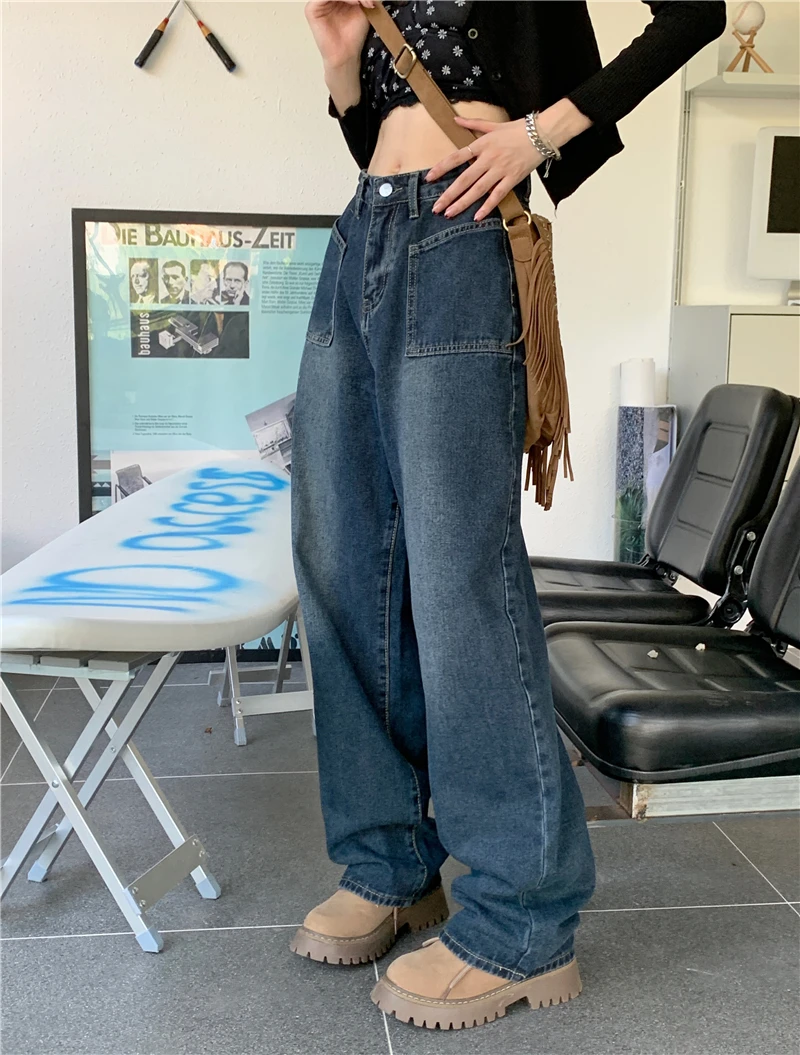 

Y2K Women Solid Blue Jeans Trousers 2022 New Baggy Pants Denim Basic Simple Wide Leg Straight Female Vintage Fashion