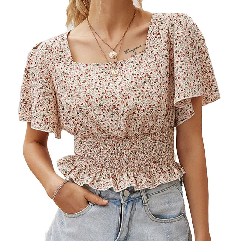 

Женские летние рубашки с коротким рукавом-колоколом, короткий топ с квадратным вырезом и цветочным принтом в стиле бохо, блузка с дымчатым п...