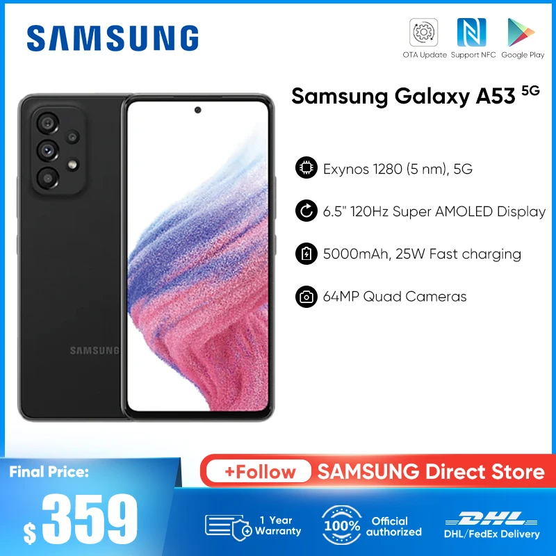 Original Samsung Galaxy A53 5G Smartphone Exynos 1280 Super AMOLED 120Hz 5000mAh Phone 25W Fast Charge Android 12 Mobile Phone