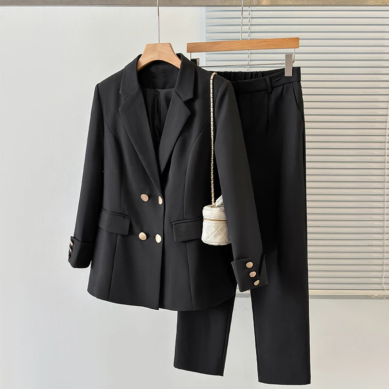 Женский двубортный пиджак и брюки элегантный деловой костюм из двух предметов