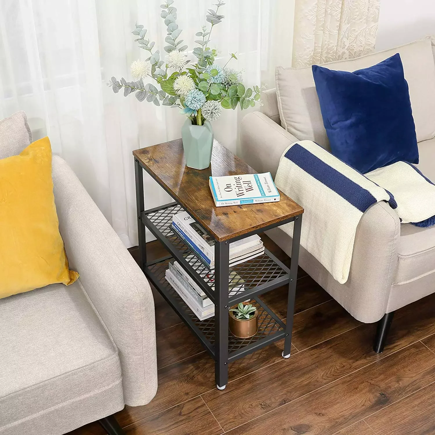 

2023 Industrial Side Table, End Table, Decorative Table with 2 Mesh Shelves, Hallway, Living Room, Bedroom, Office, Narrow, Stab