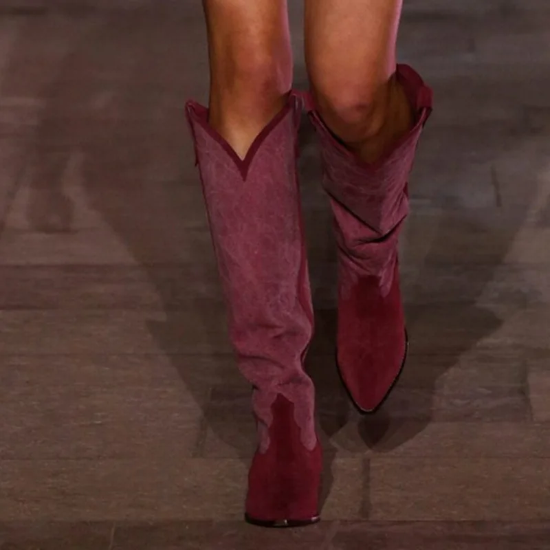 

Patchwork Spike Heels Knee High Boots Women Pointed Toe Mixed Color Long Boots Lady Slip-on Spring/Autumn Cool Cow Girls Boots