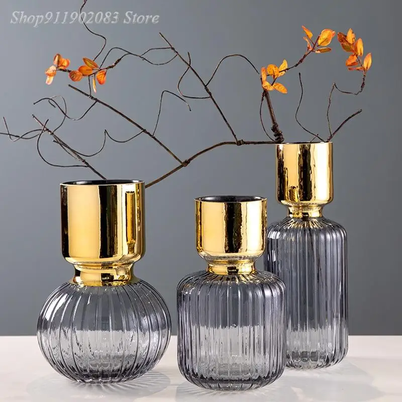 

Gilded Glass Vase Transparent Striped Glass Flower Vase Flower Arrangement Home Decoration Ceramic Crafts Wedding Accessories