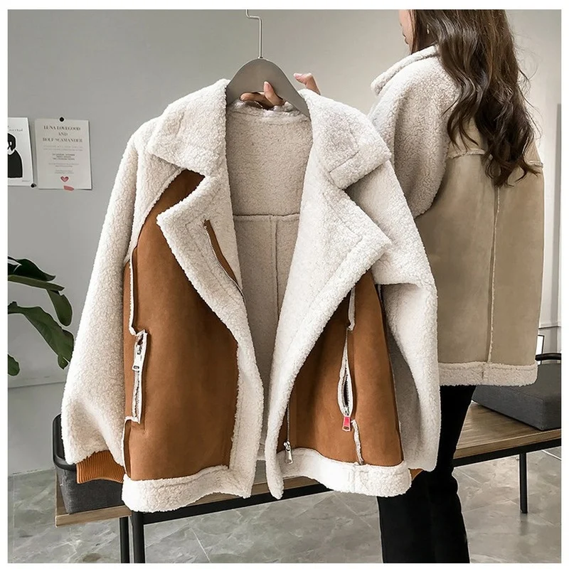 2021 Autumn New Women Winter Faux Fur Suede Jackets Coat Thicken Warm Lambswool Teddy Coats Ladies Loose Oversized Outwear Tops