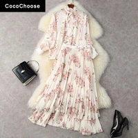 elegant womens suit spring 2022 fashion designer floral chiffon blouse top with long pleated skirt dress sets 2 piece outfits