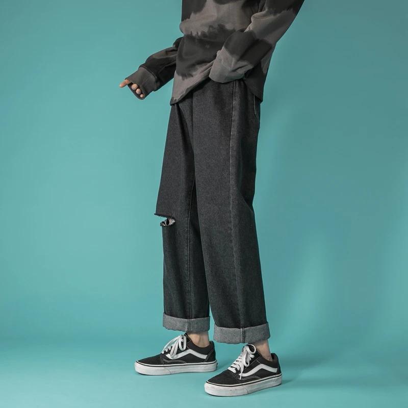 Spring Autumn New Men's Black Ripped Wide Leg Jeans Korean Style Streetwear Baggy Ankle-Length Pants Male Brand Clothing
