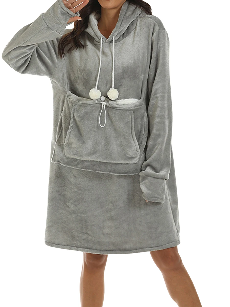 

Уютный женский фланелевый пижамный комплект с капюшоном, плюшевая пушистая одежда с длинными рукавами, карманом кенгуру и мягкой домашней одежды для зимних ночей