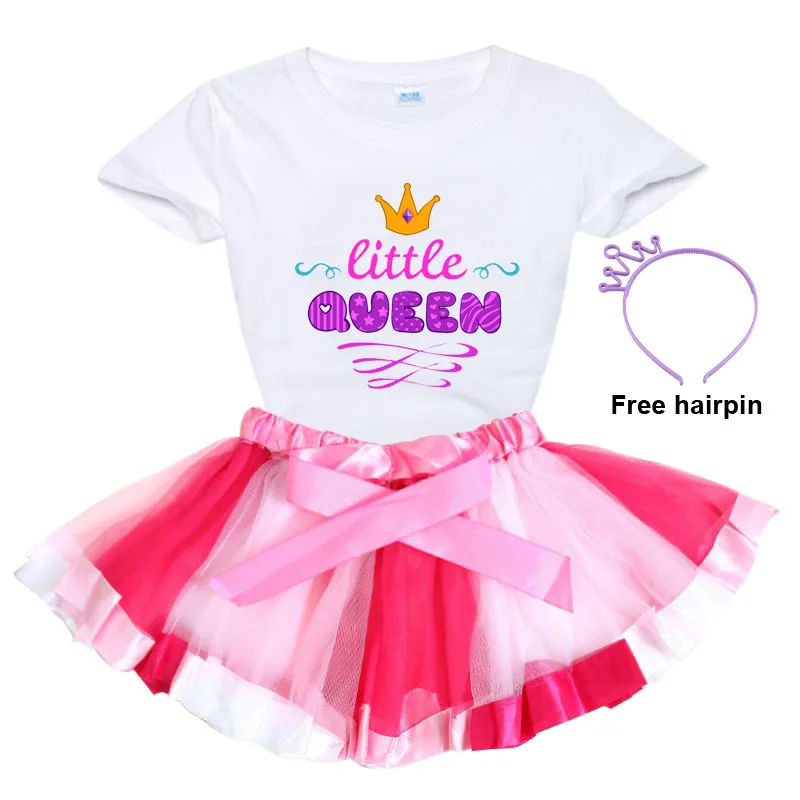 

Комплект для девочек на день рождения, мультяшная одежда принцессы, радужная юбка-пачка, Детская футболка, летнее платье, костюмы, комплекты...