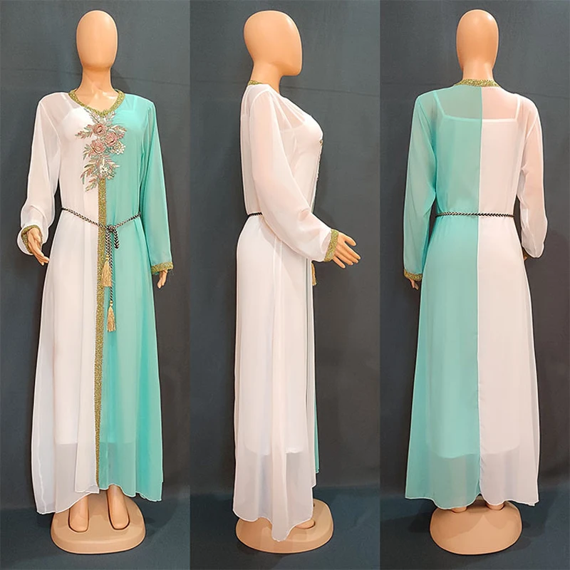 Ensemble Femme Musulmane Eid Mubarak Abayas 3D Flowers Chiffon Dress Inner 2 PCS Set Djellaba Femme Women Dubai Turkish Robes