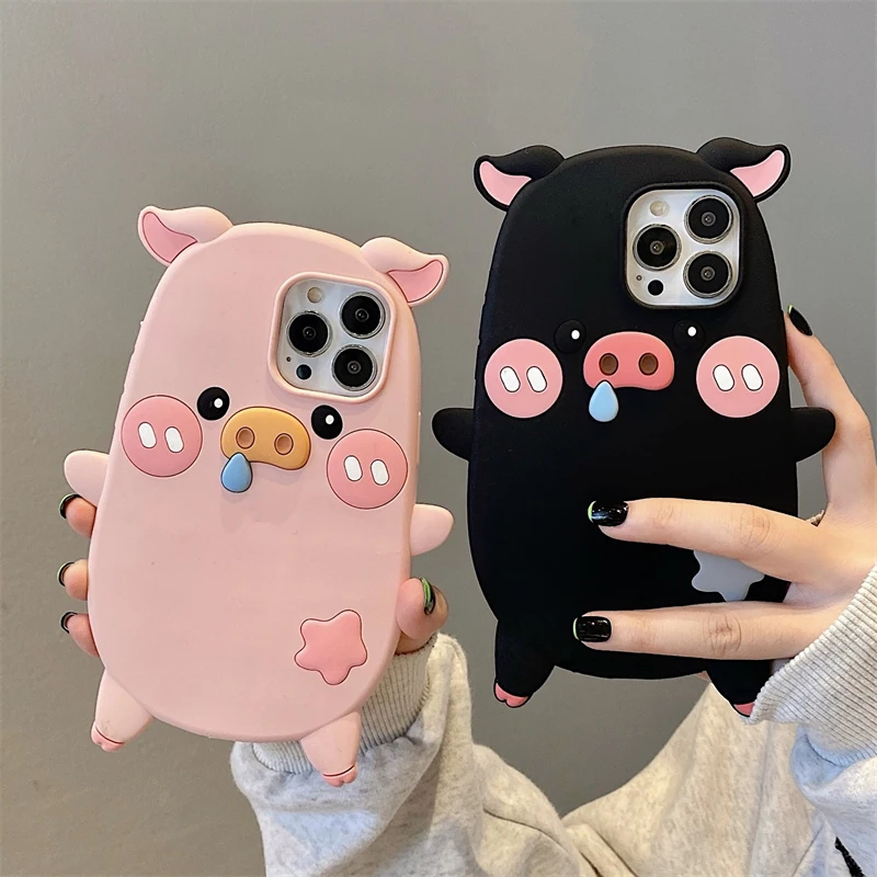 

Cartoon Funny Snot Black Pink Pig Silicone Case For iPhone 14 12 11 13 Pro Max 14 Plus Cute Bracelet Soft Protection Phone Cover