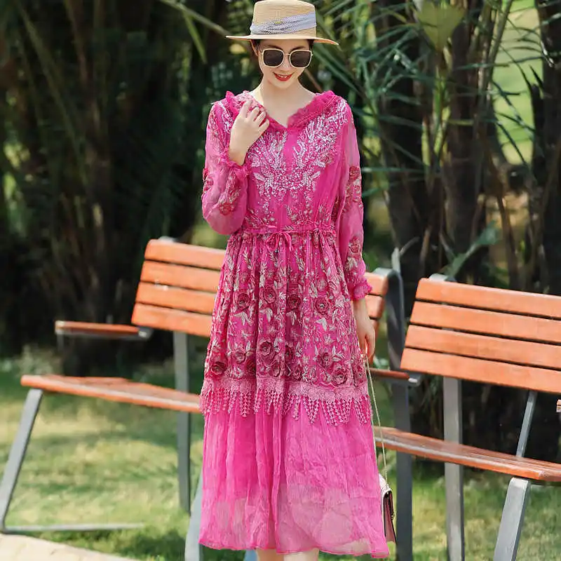 Женское платье с капюшоном Элегантное Шелковое Платье вышивкой и кисточками