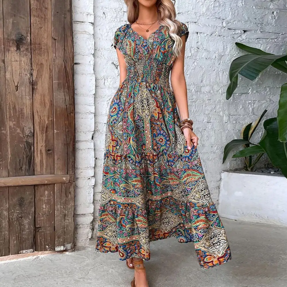 

Bohemia-inspired A-line Beach Dress Vibrant Colors Elastic High Waist Ruffle Stitching Hem for A Stylish Summer Look