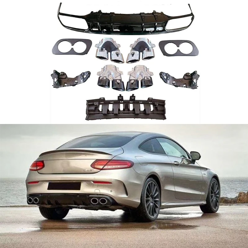 

Подходит для Mercedes-Benz C-Class W205 C43 C63 Coupe 2015-2019 с наконечниками выхлопных газов, диффузор для заднего бампера, губа, высококачественный бампер
