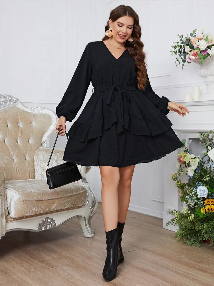 Temperament V-neck Multi layered Lace Dress Lantern Sleeves Large Dress plus size feminino evening dresses