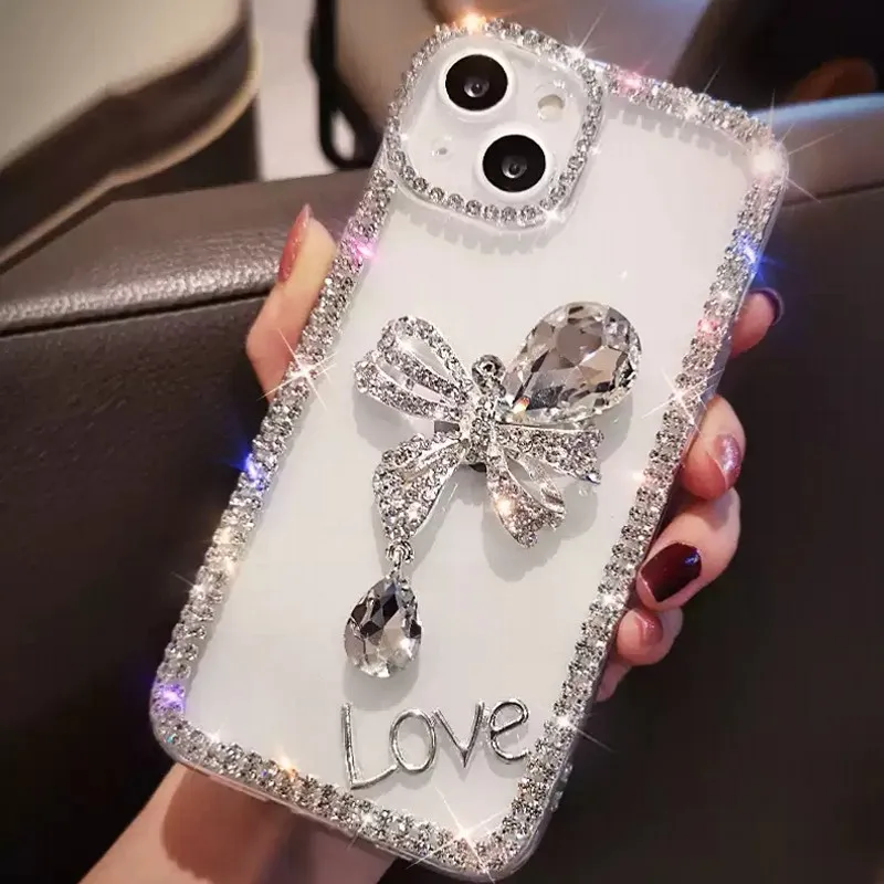 Bling Diamond Love Bow Phone Case For iphone 14 X XR XS 11 13 Pro Max 12 Pro 7Plus 8Plus 5 se 6 s 7 8 Plus SE 2020 + Cover