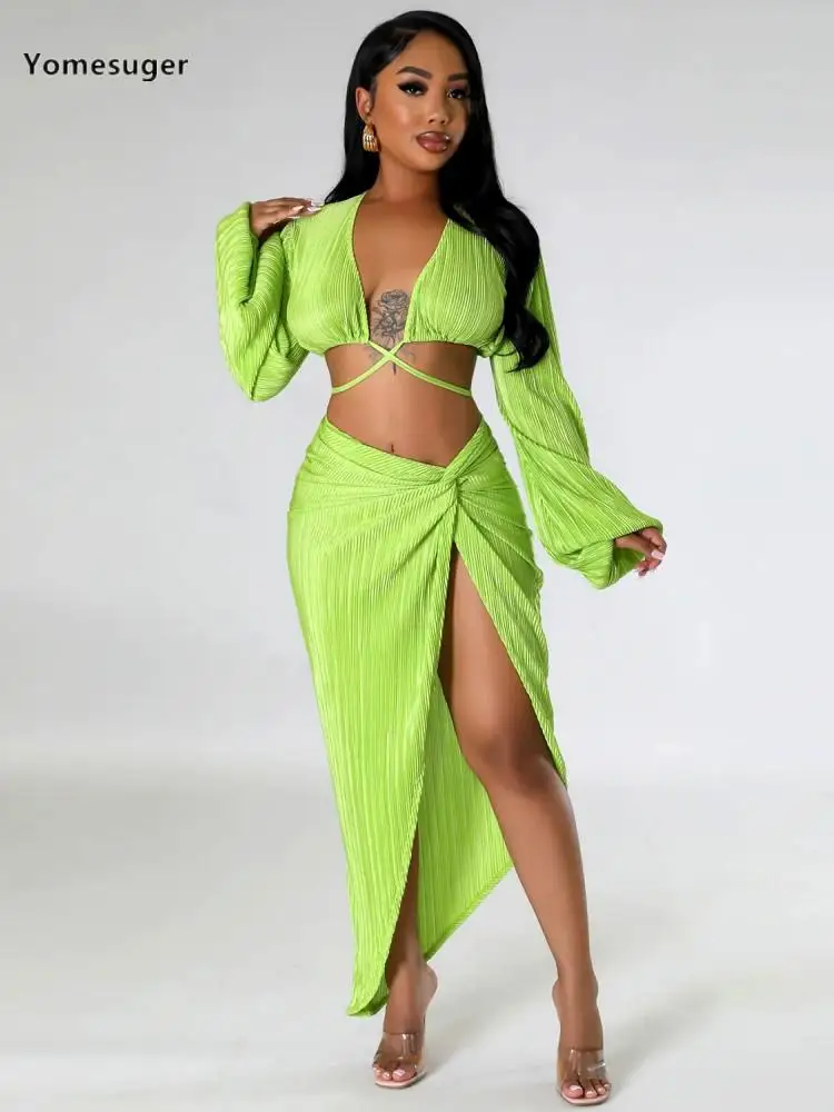 

Женский Повседневный пляжный комплект Yomesuger, комплект из двух предметов, укороченный топ с V-образным вырезом и длинным рукавом и юбка макси с высоким разрезом, подходит для клуба, 2023