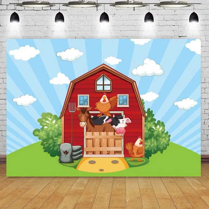

Cartoon Red Barn Farm Blue Sky and White Clouds Ray Shape Birthday Party Backdrop Kids Newborn for Cake Table Banner Background