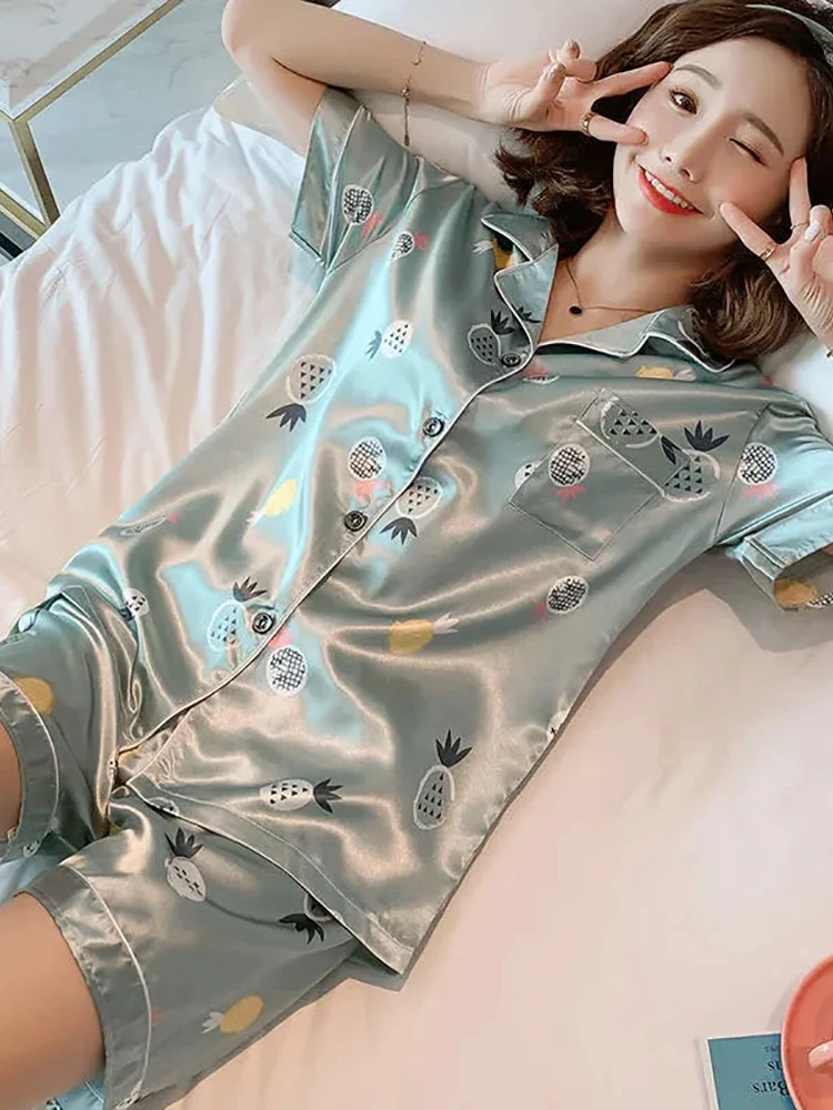 

Summer Pajamas for Women Satin Silk Print Sleepwear Pyjamas Short Pink Loungewear Pjamas Ladies Home Suit Homewear Woman