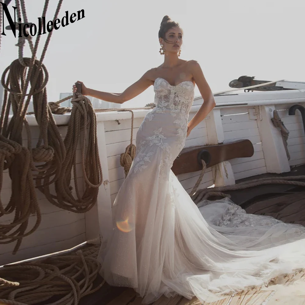 

Nicolle Sweetheart Trumpet Wedding Dresses For Women Vintage Sleeveless Appliques Court Train Backless Tulle Vestidos De Novia