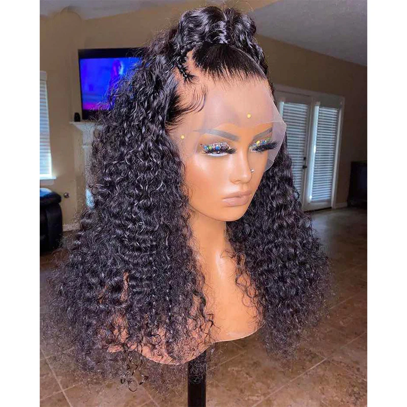 

Natural Black Long 28 inch 180% Density Soft Preplucked Kinky Curly Deep Lace Front Wig For Women With BabyHair Glueless Daily