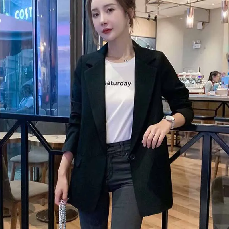 

Blazers Jacket Womens Black 2022 Spring Autumn New Loose Korean Temperament Long-sleeve Outwear Women Long One Button Suit Coats