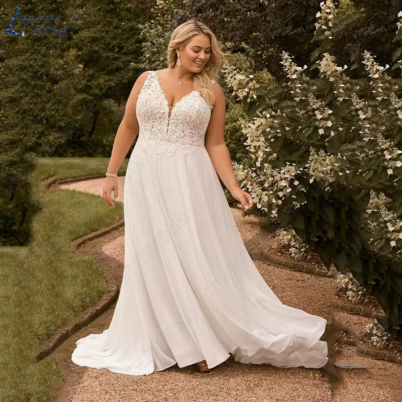 

LAYOUT NICEB Elegant Wedding Dresses For Bride Plus Size Robe De Mariée V Neck Chiffon Bridal Gown A Line Lace Applique Civil
