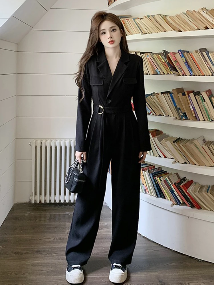 

Комбинезон женский с длинным рукавом, однотонный приталенный, свободный ромпер с английским воротником, брюки, комбинезон черного цвета