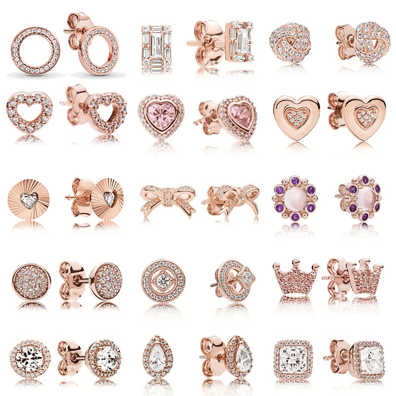

Original 100% 925 Sterling Silver pan Rose Gold Earrings With Crystal Water Drop Surround Elegant Zircon Earrings Studs